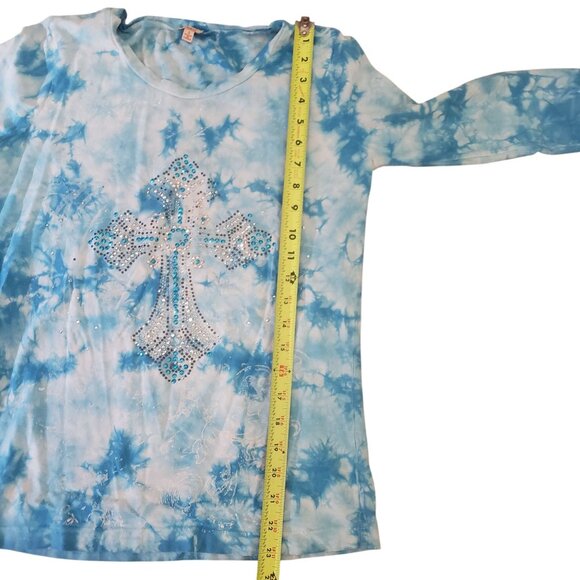 Reba Womens Blue Tie Dye Rhinestone Cross Shirt Size S Y2K Country Baddie Grunge - Picture 7 of 8